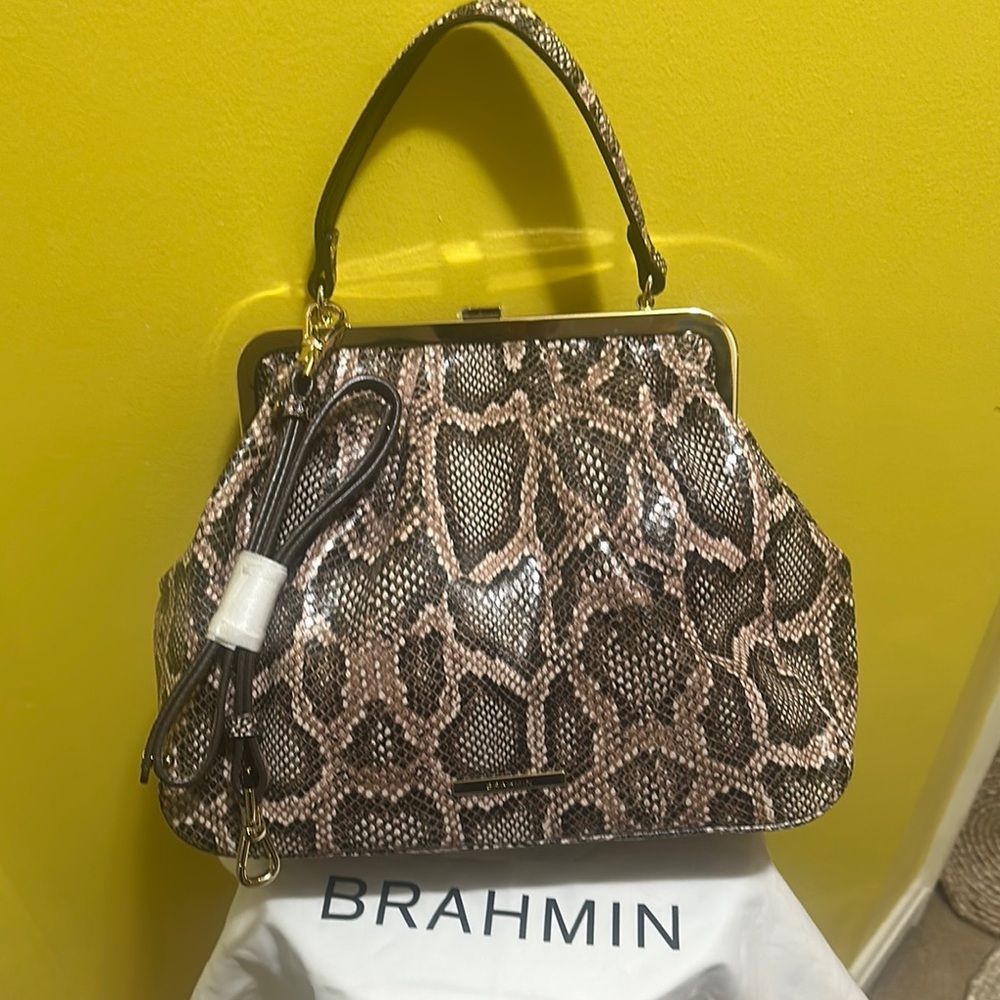 Brahmin Snake Print Satchel - Pink, brown, and Black